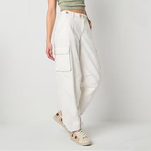 Womens White Cargo Pants With Brown Embordary And Zippers Elastic Ankle Sz Small - Picture 1 of 16